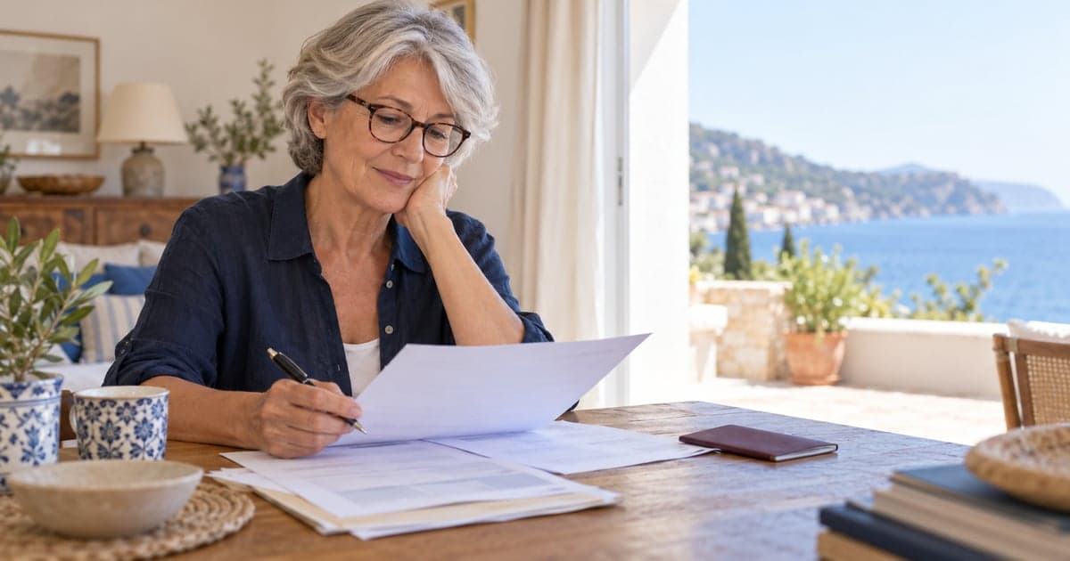 Une retraitée relit des documents administratifs à sa table, un passeport posé à côté, devant une terrasse qui donne sur la mer.