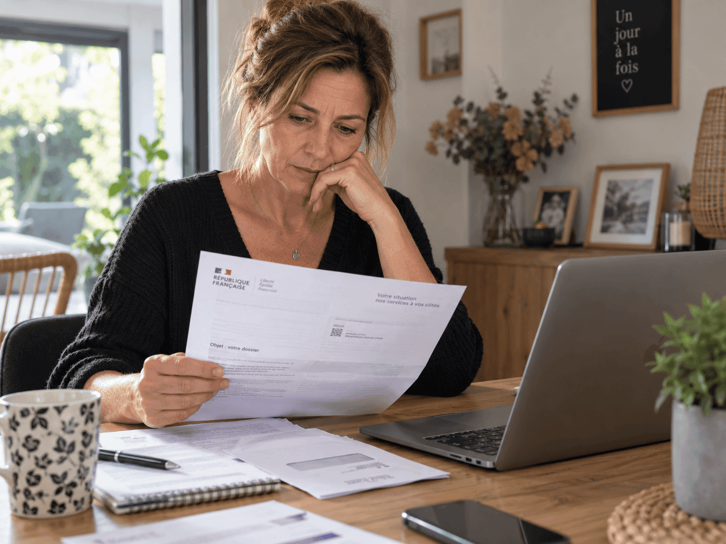 Une femme lit chez elle un courrier de l'administration, son ordinateur portable ouvert à côté d'elle