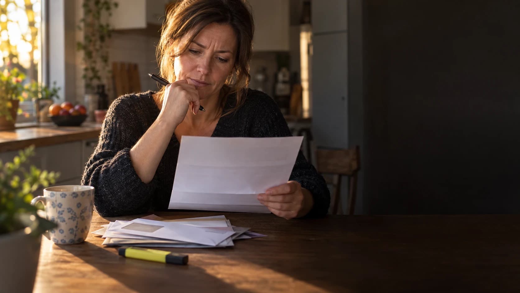 Une femme lit un courrier administratif à sa table, un stylo à la main