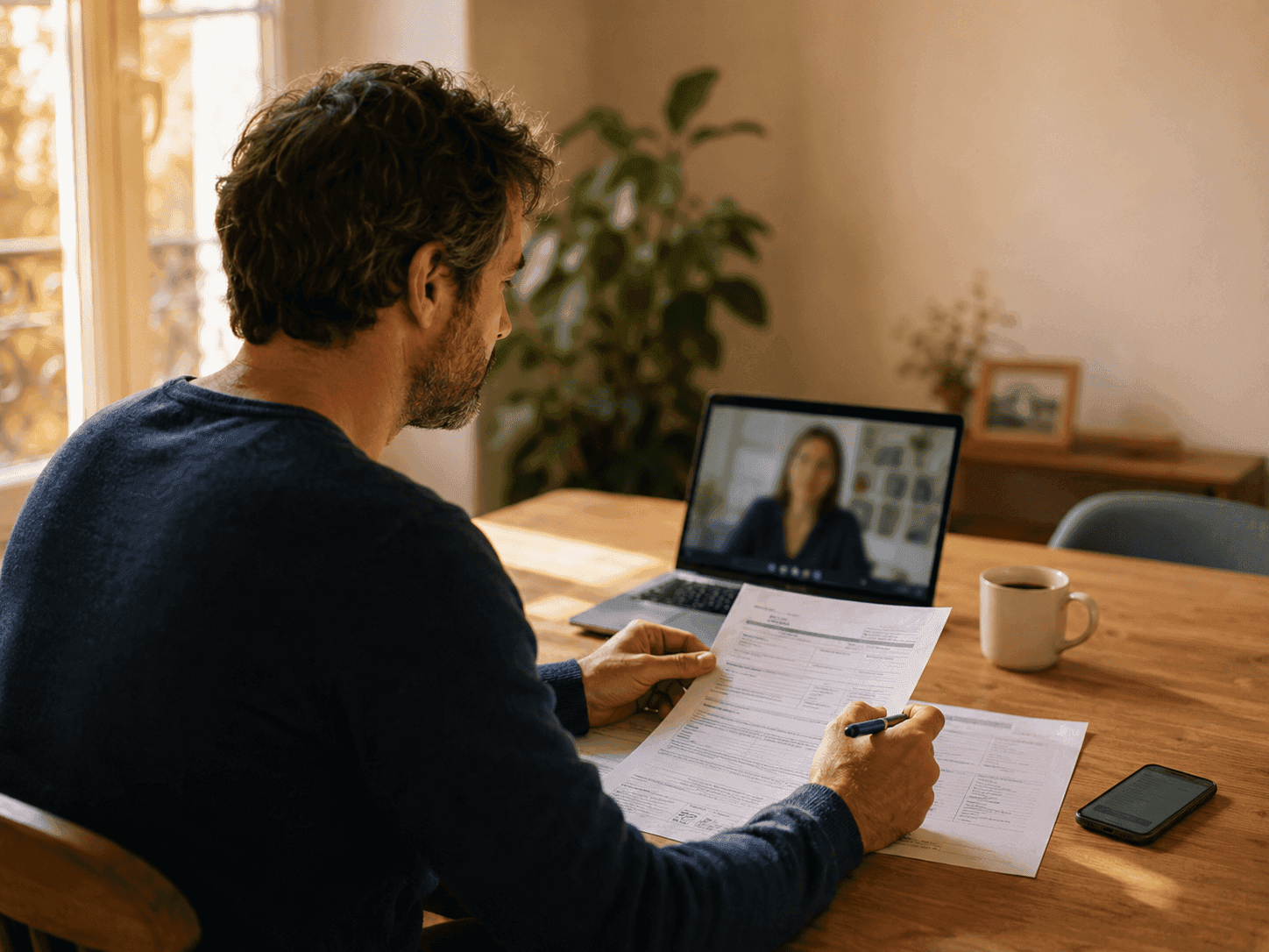 Une Résolveuse en visio explique un courrier administratif à une personne — ambiance chaleureuse