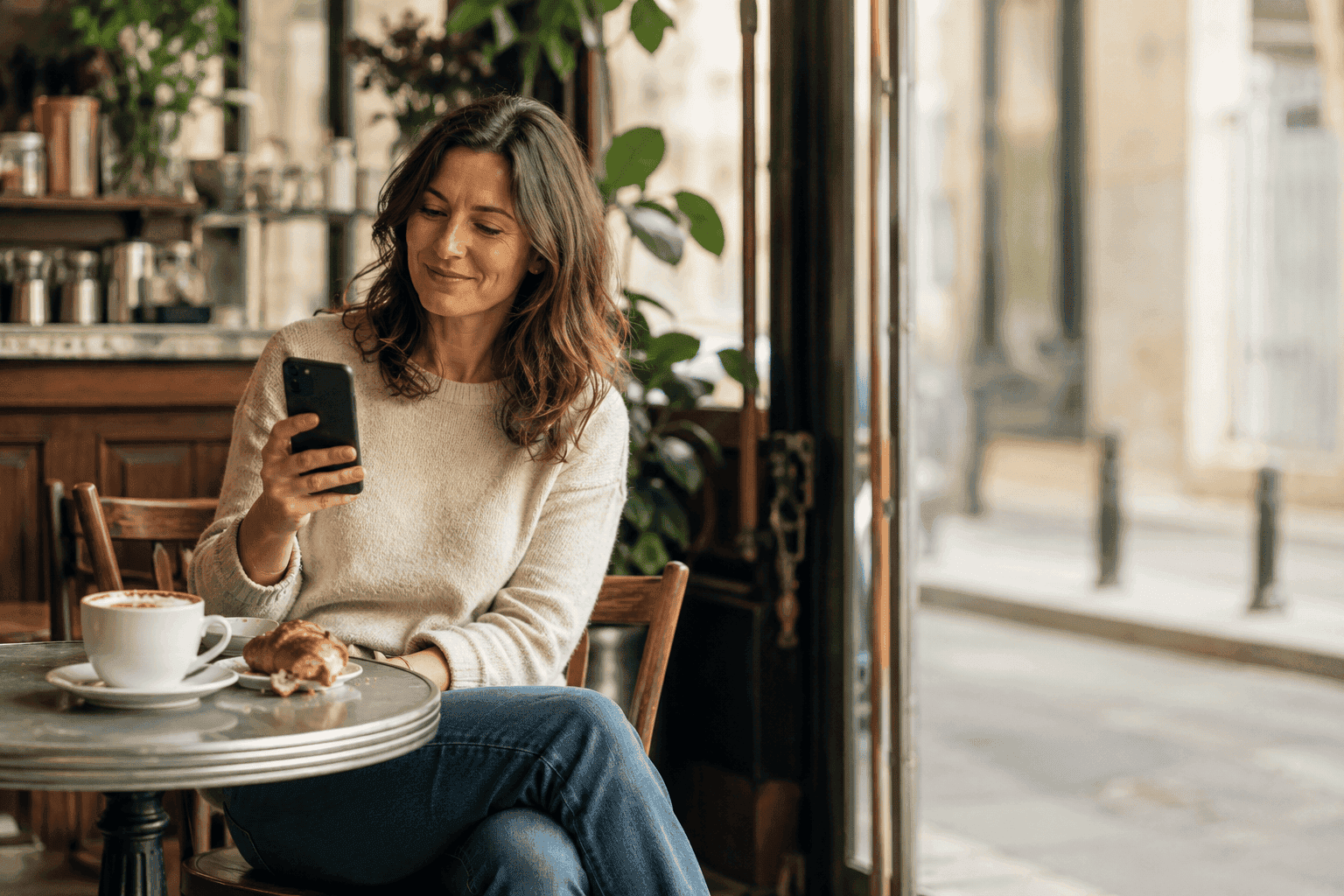 Bailleuse en café cosy regardant son téléphone avec soulagement — un Résolveur intervient à l'acte sur ses coups durs (loyer impayé, DPE, bail)