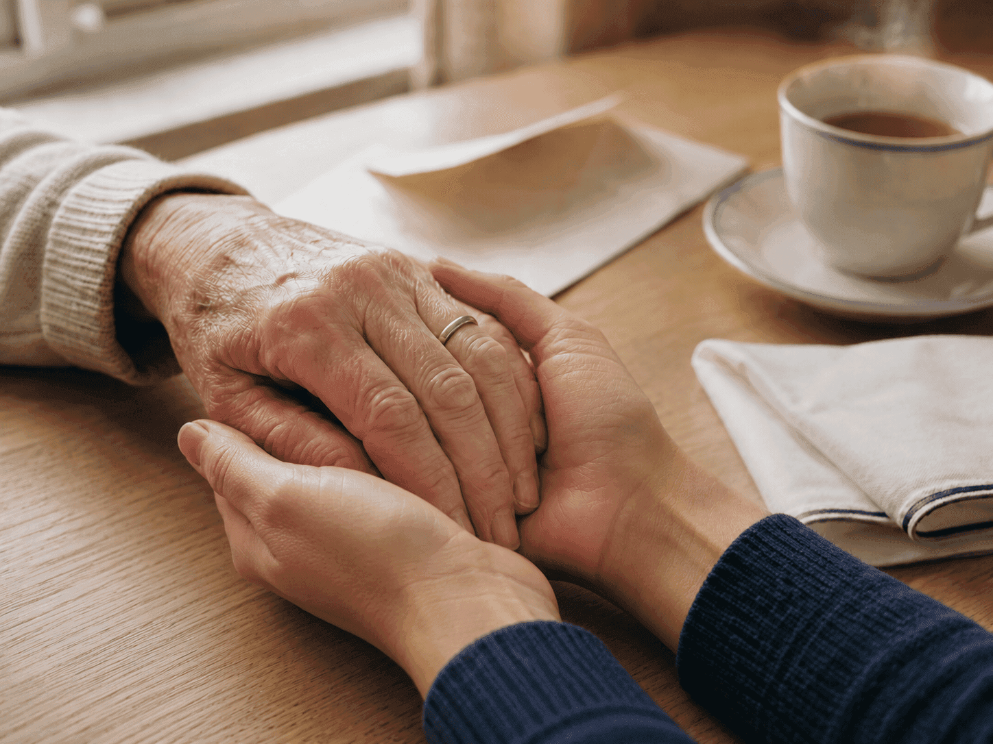 Deux mains posées l'une sur l'autre sur une table en bois — soutien après le décès d'un proche