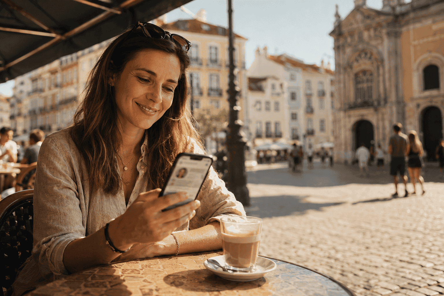 Française expatriée à terrasse de café européen, regardant son téléphone avec soulagement — un Résolveur en France s'occupe de son admin à distance