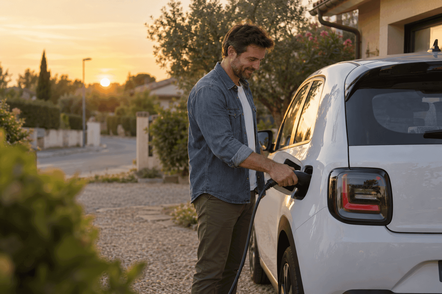 Un homme branche le câble de recharge sur une petite voiture électrique blanche, dans l'allée d'une maison, au coucher du soleil