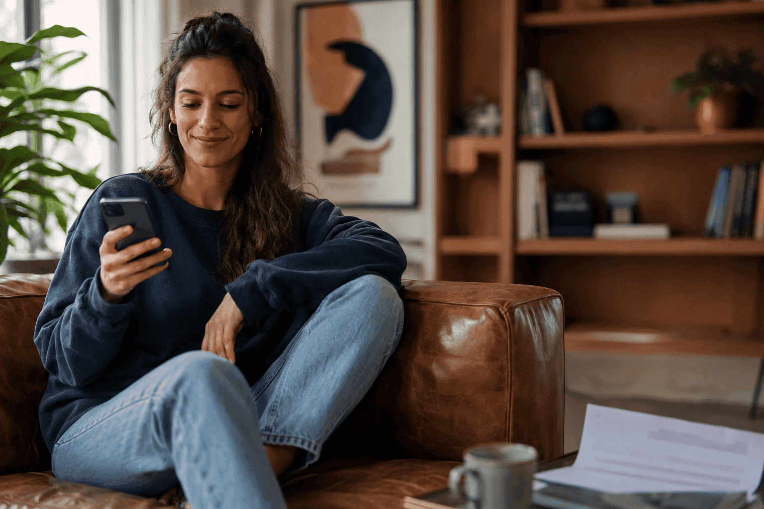 Femme de 29 ans dans son canapé avec du courrier — son litige logement est entre les mains d'un Résolveur