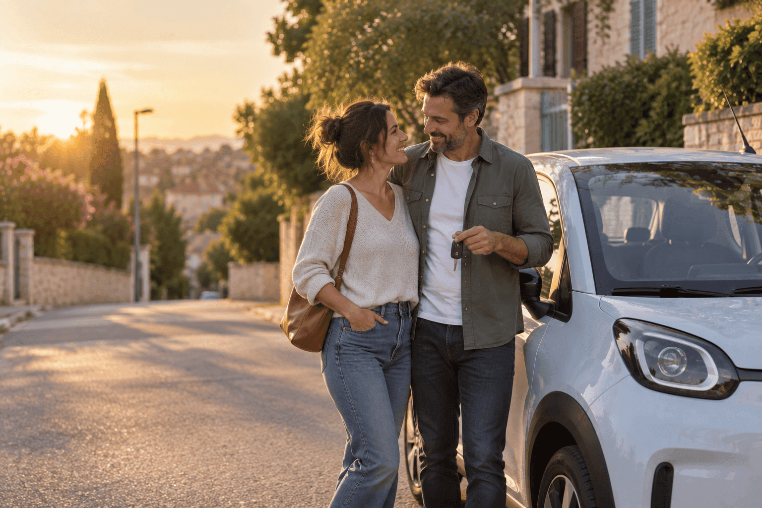 Un couple souriant à côté de sa nouvelle petite voiture électrique, l'homme tenant la clé, dans une rue résidentielle au coucher du soleil