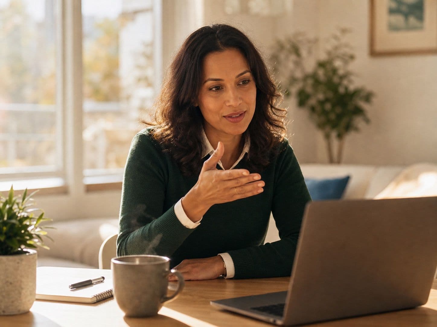 Une Résolveuse souriante en visio avec son client depuis son bureau à domicile