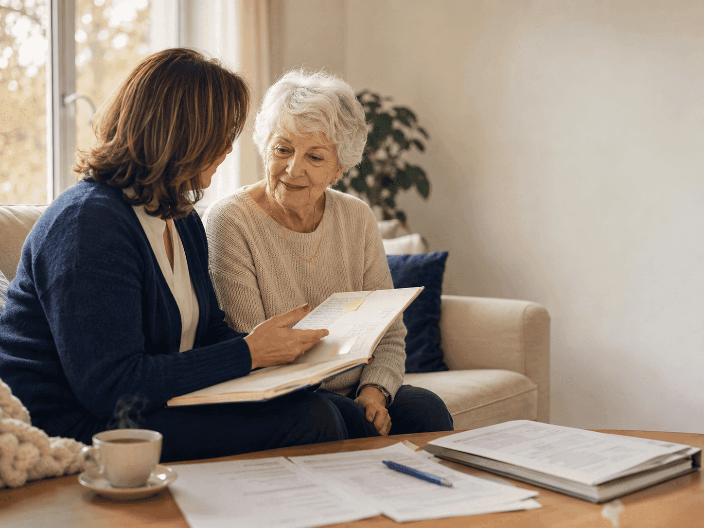 Une Résolveuse au téléphone explique un courrier administratif à une senior — accompagnement à distance chaleureux pour seniors