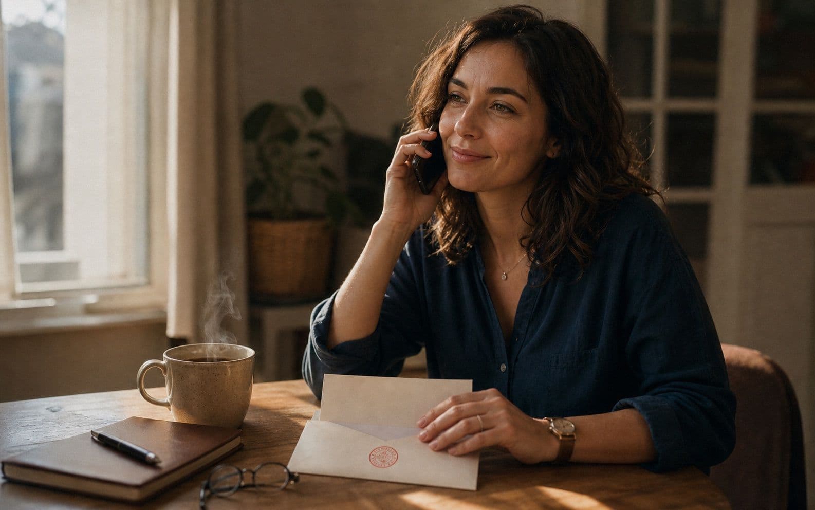 Une jeune femme apaisée, l'enveloppe ouverte devant elle, au téléphone avec son Résolveur