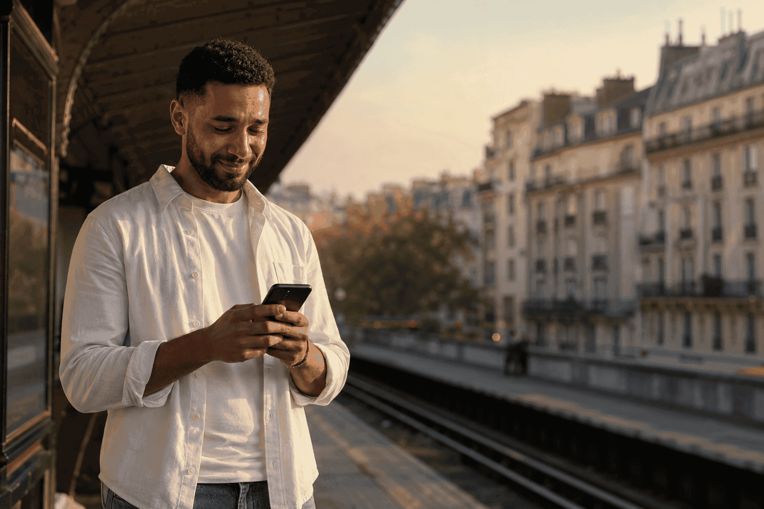 Jeune homme d'origine maghrébine dans une gare parisienne, regardant son téléphone avec soulagement — son dossier titre de séjour est entre de bonnes mains