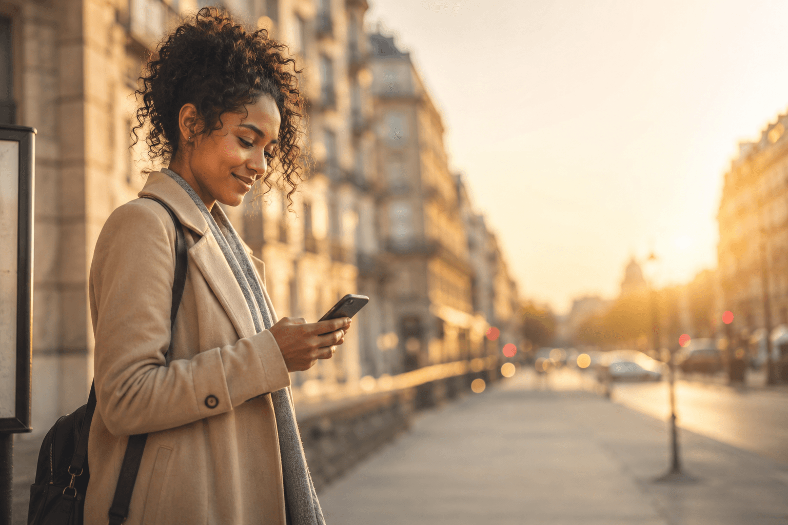 Étudiant étranger dans une gare parisienne, regardant son téléphone avec soulagement — ses démarches de séjour étudiant sont accompagnées par un Résolveur