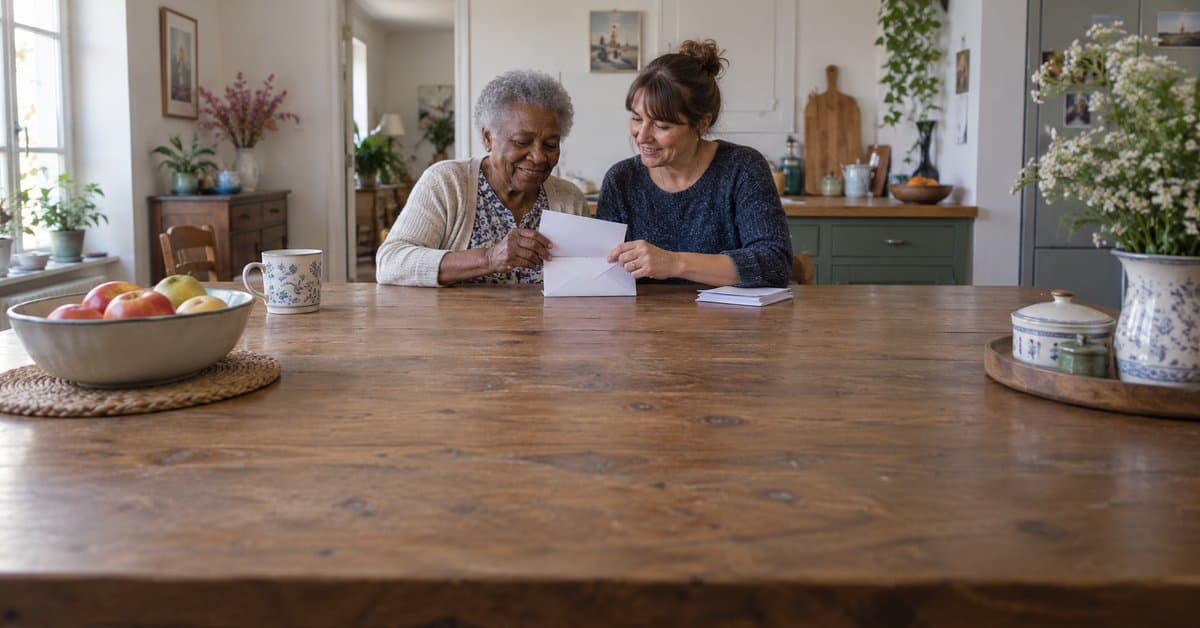 Deux adultes préparent des papiers et une enveloppe.