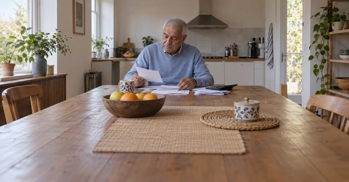 Un homme classe des papiers près d’une calculatrice.
