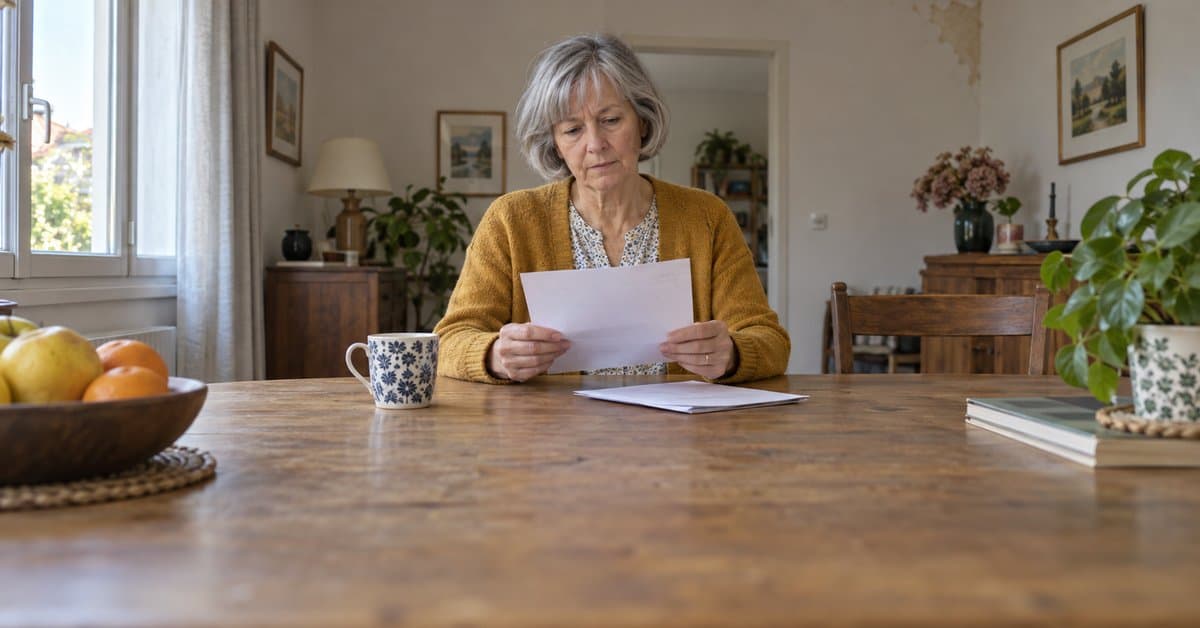 Une femme relit un courrier dans son logement.