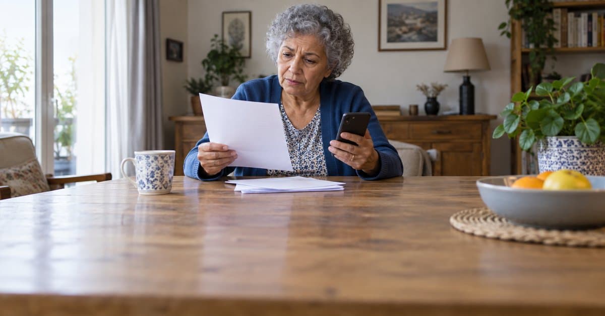 Une femme examine ses papiers près de son téléphone.
