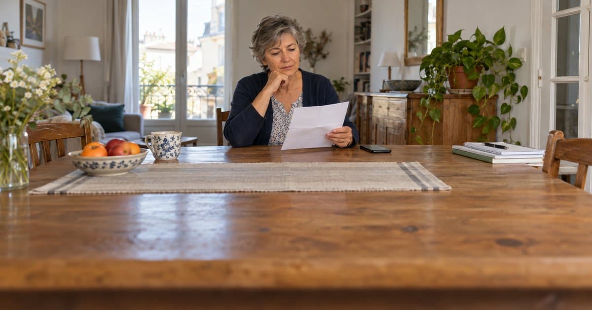 Une femme relit une lettre près de son téléphone.