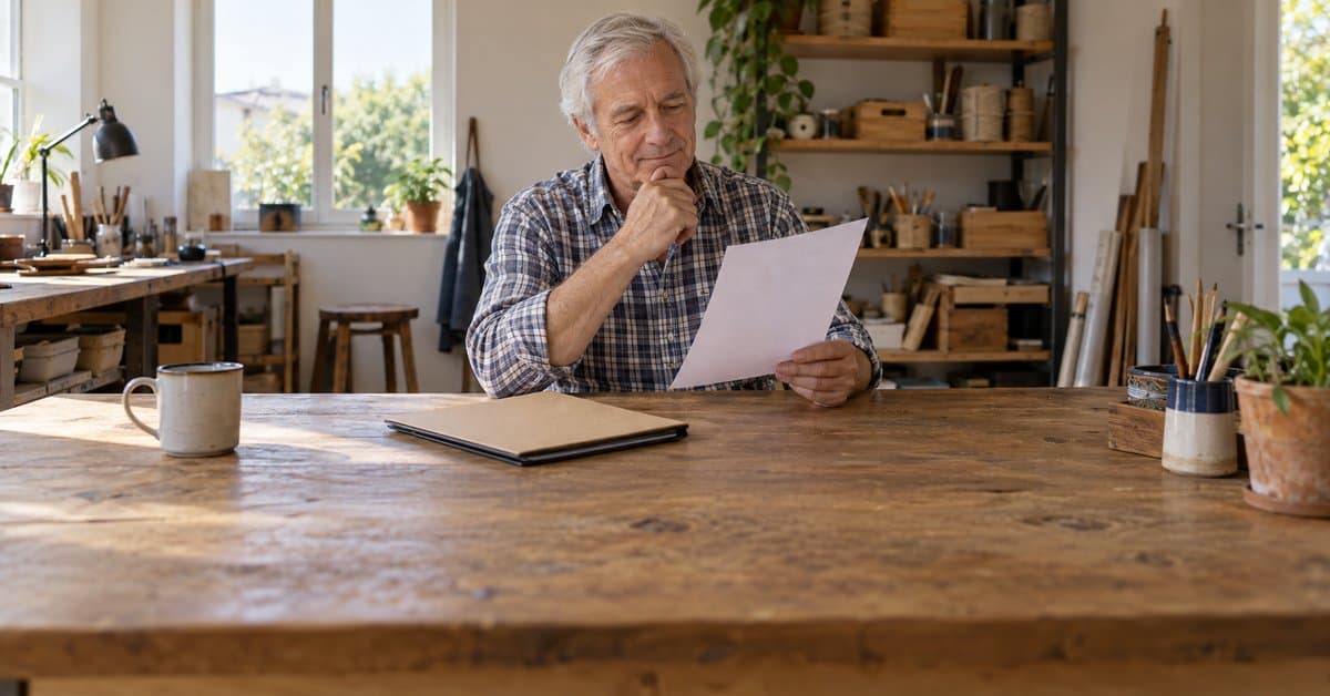 Un homme relit des papiers dans son atelier.