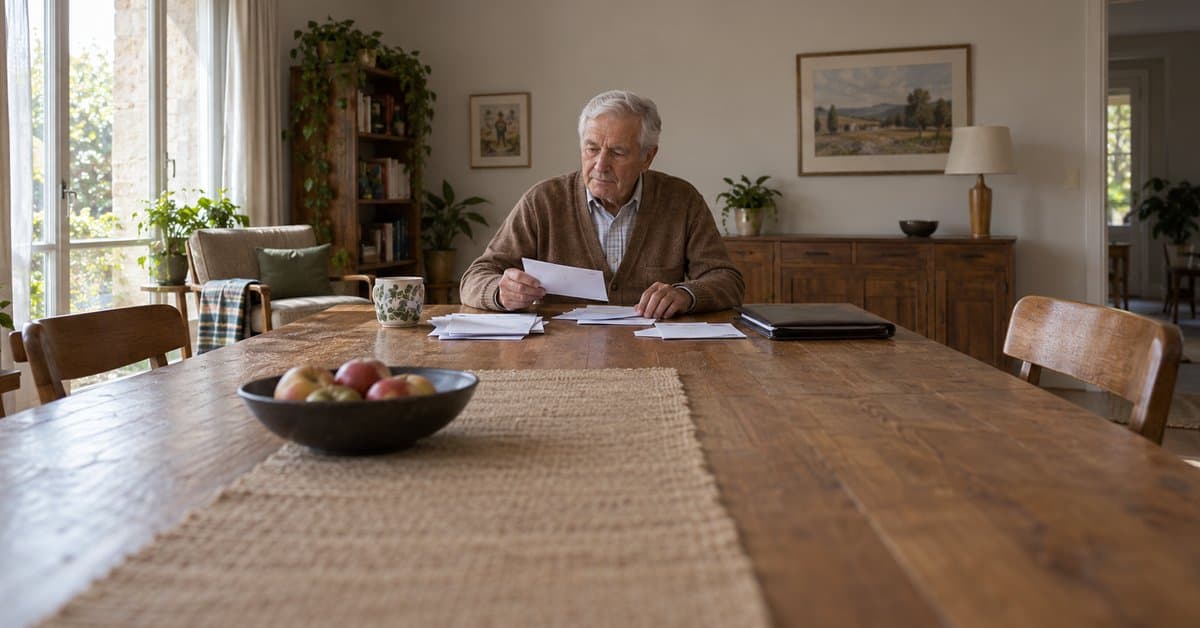 Un homme rassemble des papiers chez lui.