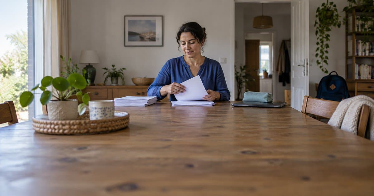 Une femme prépare des papiers près d’un cartable.