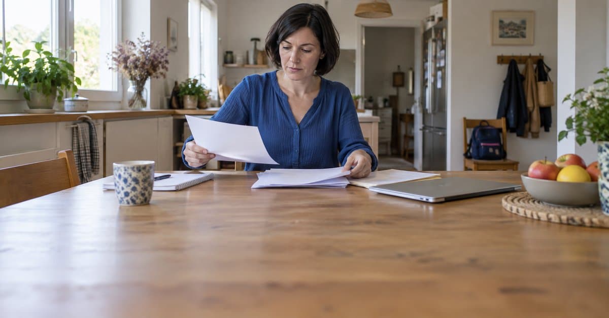 Une femme organise des papiers à sa table.