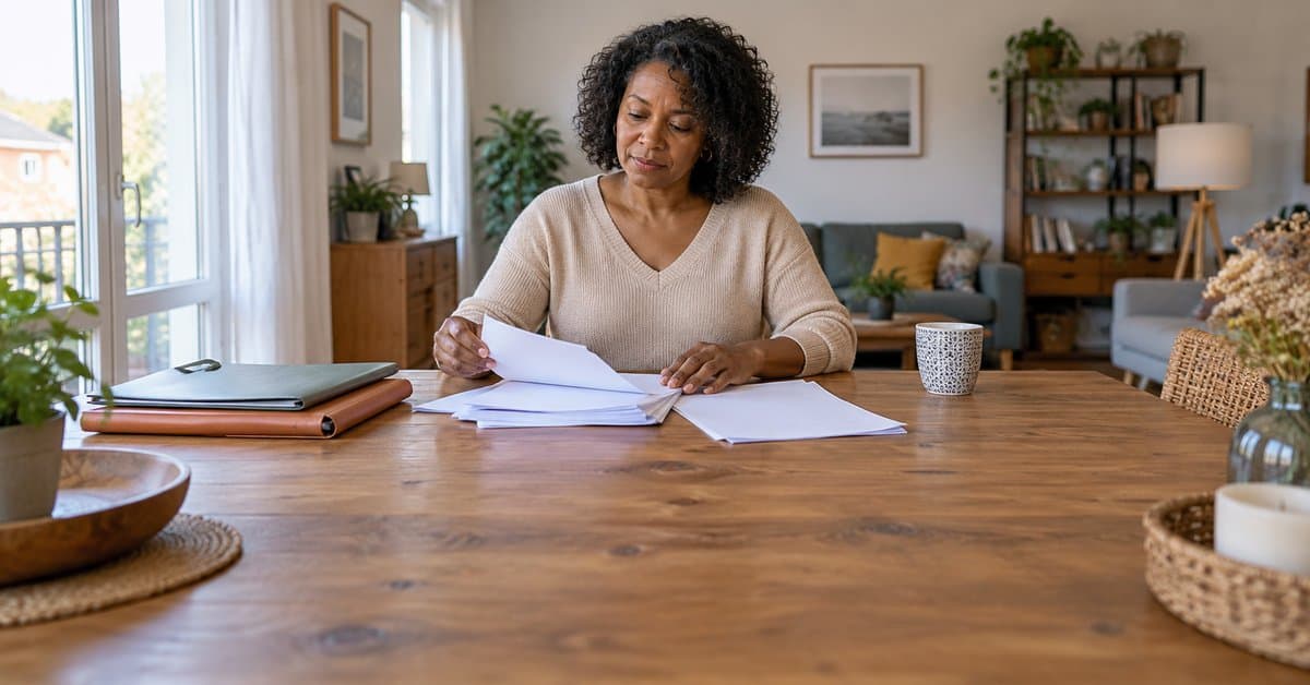 Une femme organise des documents chez elle.
