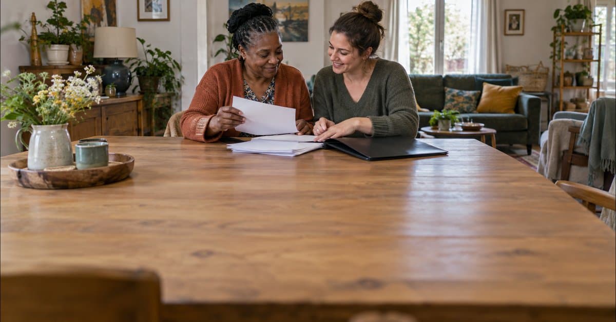 Deux adultes préparent des papiers ensemble.