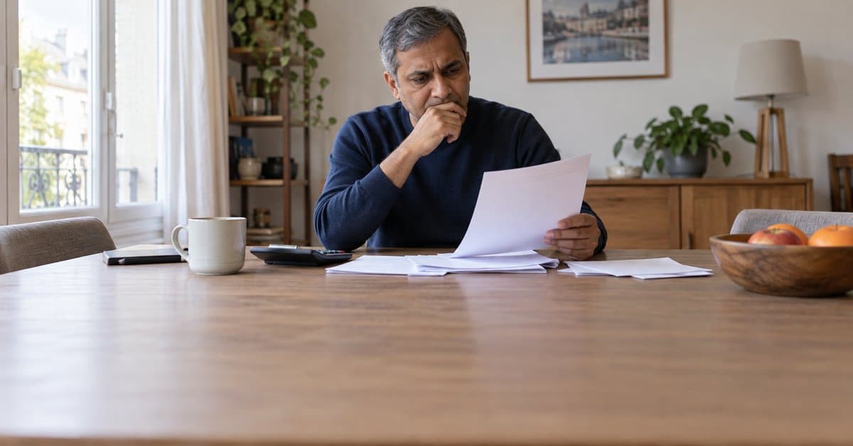 Un homme rassemble des papiers près d’une calculatrice.
