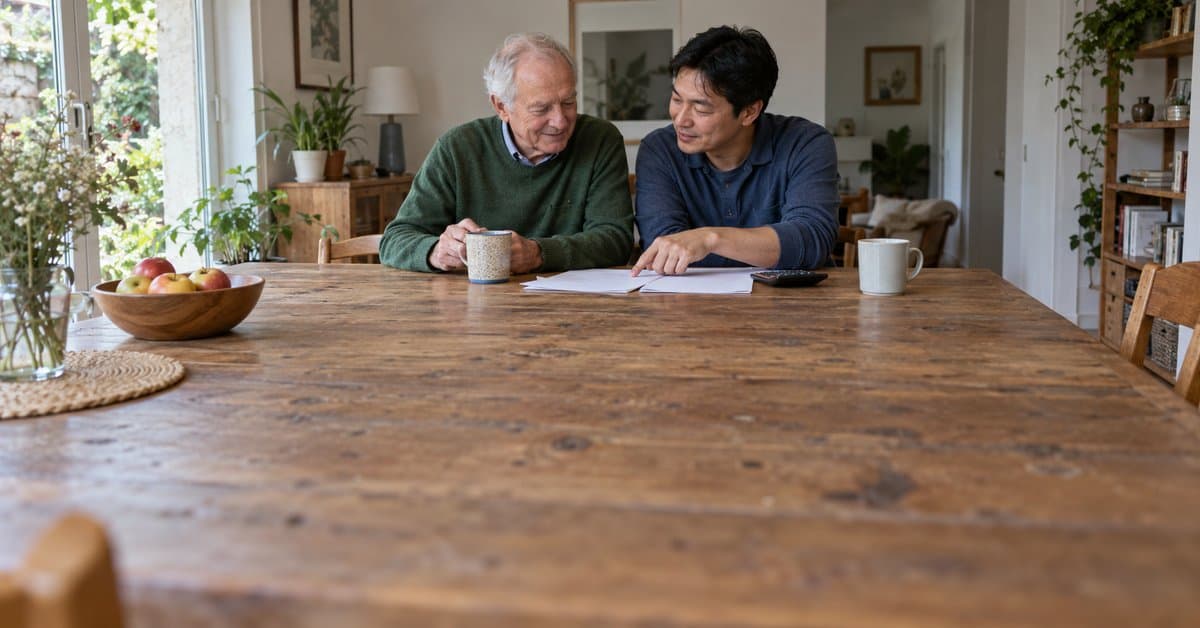 Deux proches préparent un dossier à une table.