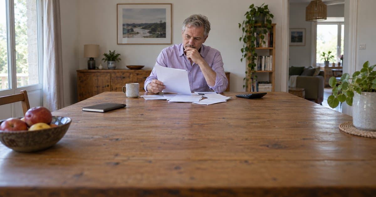Un homme relit un courrier près d’une calculatrice.