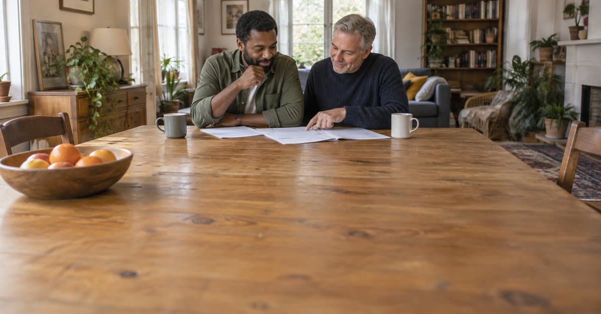 Deux adultes préparent un dossier dans un logement.
