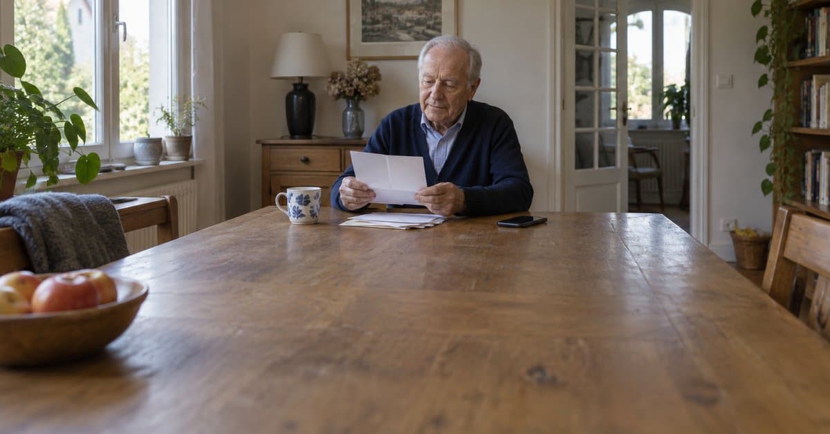 Un homme relit un courrier près de son téléphone.