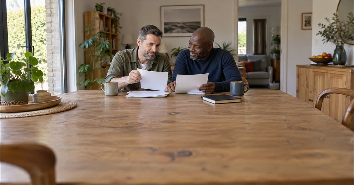 Deux adultes organisent des papiers à un bureau.