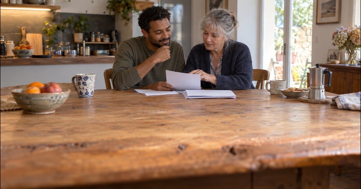 Deux adultes relisent des papiers ensemble.